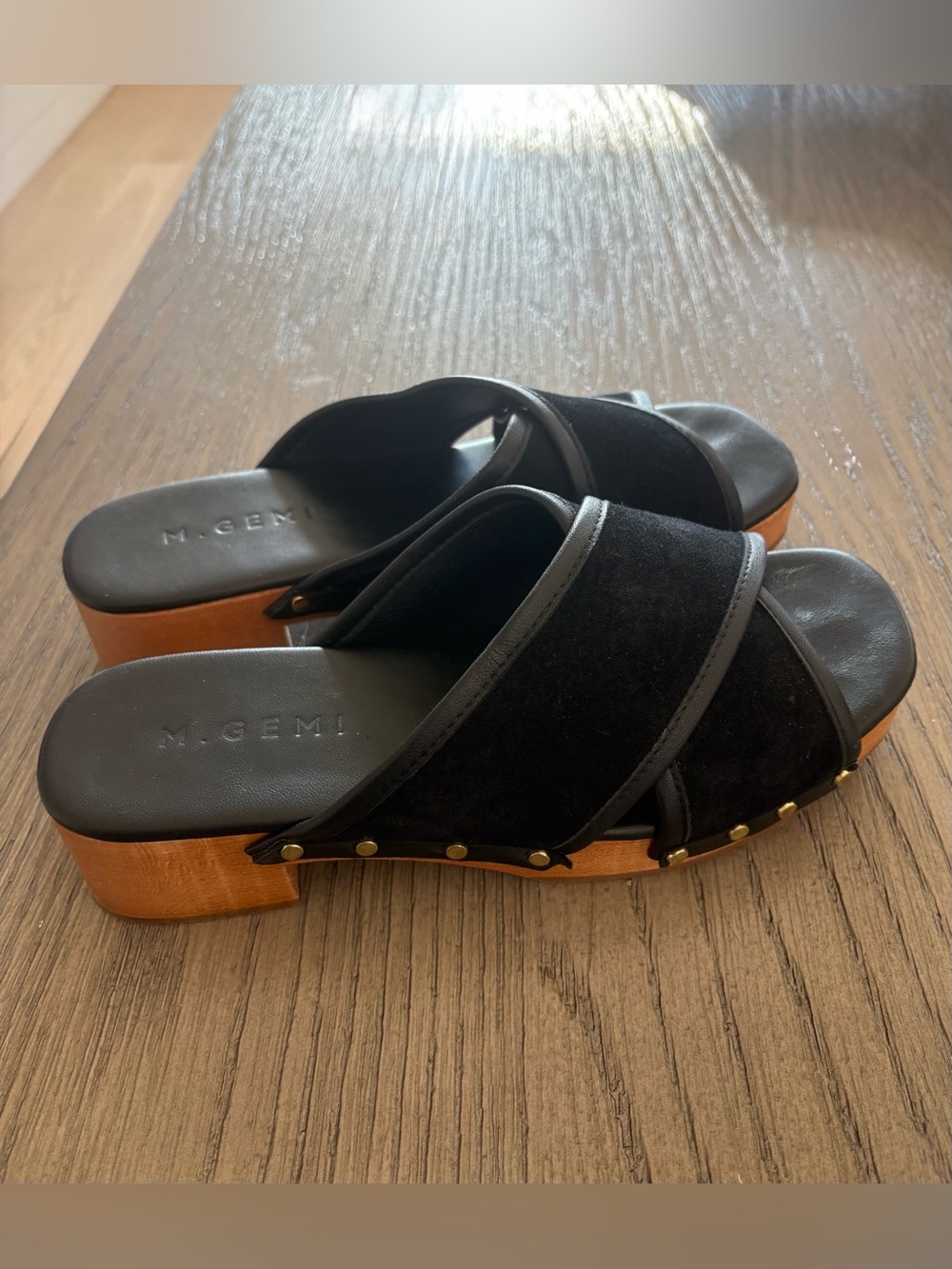 M. Gemi Saba Black Suede Cross-Strap Clog Slides